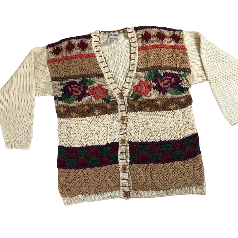 Cabin Creek Vintage Floral Chunky Knit Cardigan‎ Sweater Large